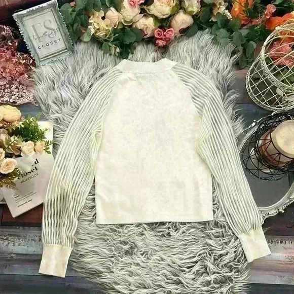 Club Monaco Women's Sheer Striped Lantern Sleeve Ribbed White Sweater, S - Picture 9 of 12